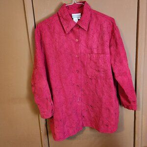 Faux Suede Button up Embroidered Shirt / Blouse in Red. Size PM Coldwater Creek